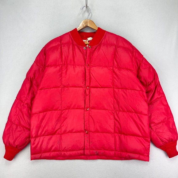 American Vintage Other - Vintage 70s Down Bomber Jacket Mens XL Red Quilted Snap Front Boxy Smokers Coat